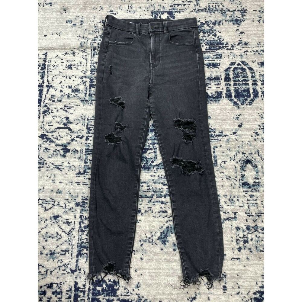 American Eagle Curvy Jeans Super Distressed High Rise Jegging Crop Black Size 4